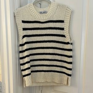 Zara Black and Cream Striped Knit Vest NWOT